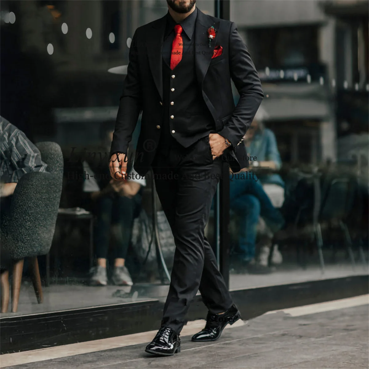 

Деловые черные мужские костюмы смокинг с лацканами для жениха на свадьбу Комплект из трех предметов пиджак жилет брюки для жениха мужской Блейзер костюм для мужчин