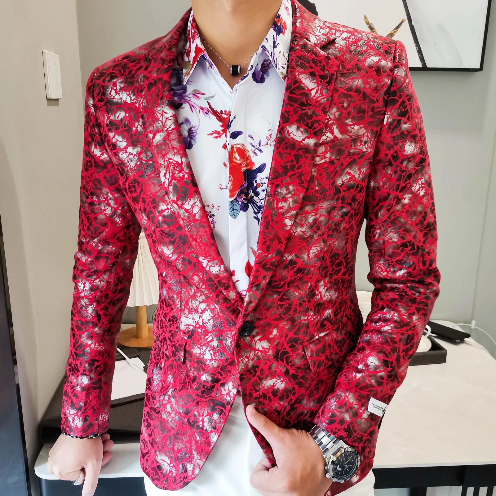 2022 Fashion Men's Jacket Red Print Blazer Streetwear Slim Fit Blazer Formal Evening Party Prom Tuxedos