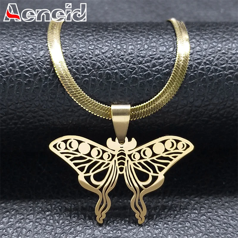 

Moth Pendant Necklace Witchcraft Moon Phase Choker for Women Stainless Steel Gold Color Clavicle Chain Necklaces Jewelry N8025