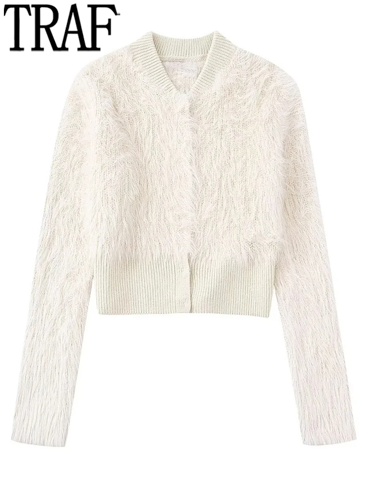 

Кардиган TRAF из искусственного меха, женский бежевый Укороченный кардиган, Женский вязаный свитер с длинным рукавом, женская зимняя укороче...