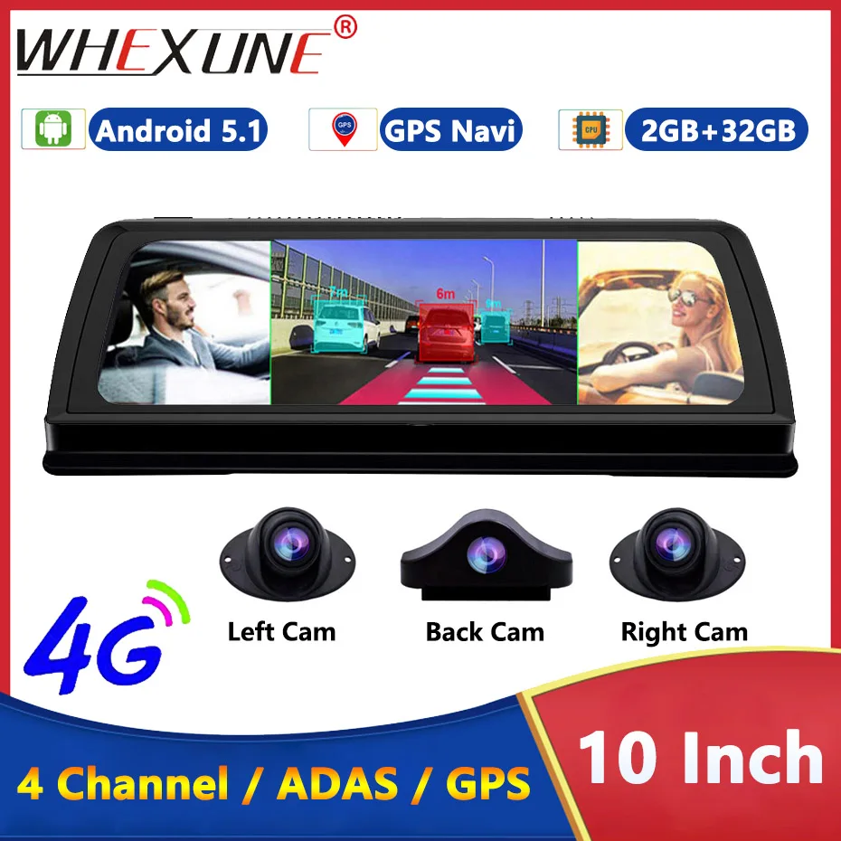 

4CH Cameras Lens 10" Android Auto FHD 1080P GPS Navigator For Cars DVR 4G Rearview Mirror ADAS WIFI Drive Video Recorder Videcam