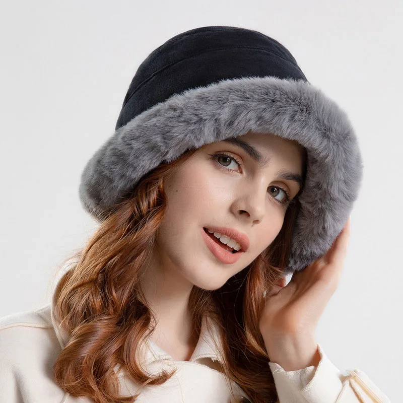 

Winter Plus Velvet Fur Lamb Hair Female Bucket Hat Casual Wide Brim Warm Plush Pot Hat Fashion Plush Fleece Fisherman Hats
