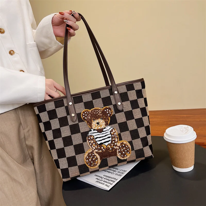 

New Cartoon Bear Shoulder Bag Large Capacity Printed Handbag Lattice Tote Bag Luxury Imitation Bags Brands Women's Woman Branded