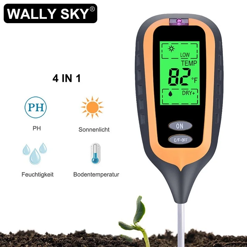 

Прибор для наблюдения за почвой 4 в 1, цифровой измеритель PH, гигрометр для почвы, солнечного света, измеритель температуры с ЖК-дисплеем для посадки на ферме