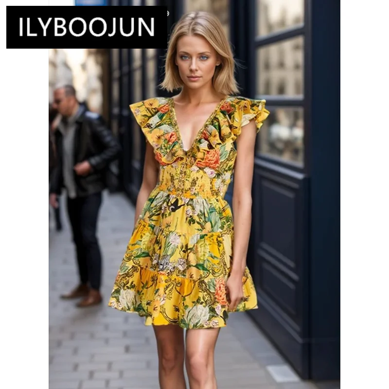 й ILYBOOJUN Hit kolorowy nadruk minimalistyczna Mini sukienka dla kobiet V Neck latający rękaw tunika łączona na zamek błyskawiczny moda damska