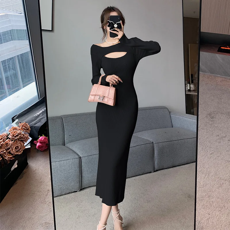 

TFETTERS French Black Dresses Female 2023 Autumn and Winter Knit Hollow Dress for Women Solid Color Ankle-Length Bodycon Dress