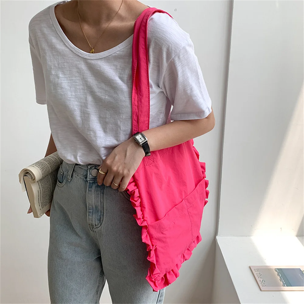 Middle Ruffled Shoulder Tote Bags Women Simple Fashion Crossbody Bag Ladies Large Capacity Solid Color Versatile Handbags Domil