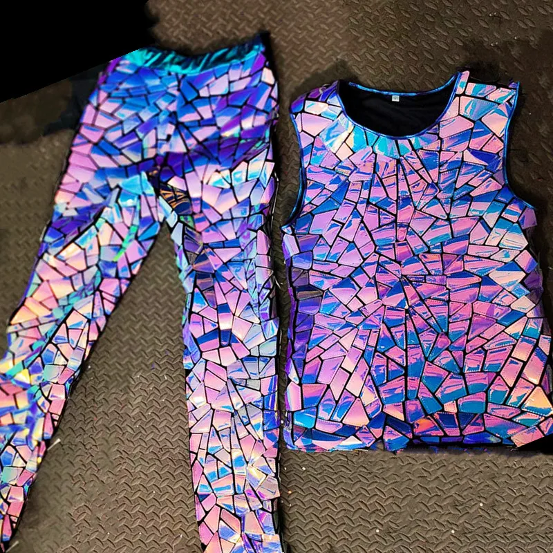 Мужской фиолетовый синий лазерный зеркальный танцевальный костюм с блестками