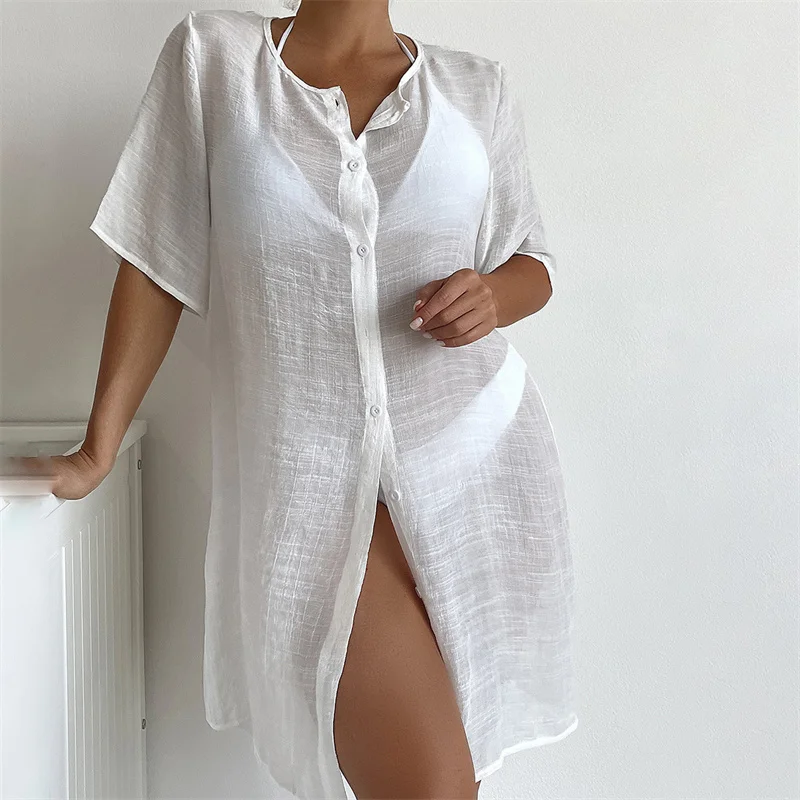 

2022Summer Beach Transparente Sexy See Through Women’s Dresses Bathing Suit Cover Up White Fashion Tunics Cottom Cardigan Ladies