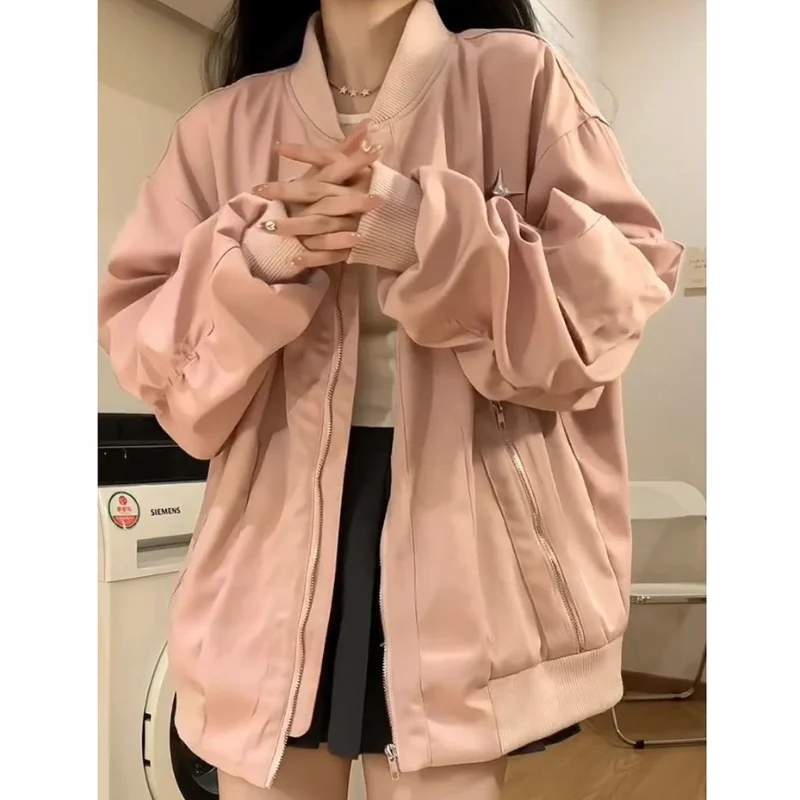 

Deeptown Vintage Harajuku Pink Bomber Jacket Women Oversize Y2k Streetwear Causal Baseball Jackets Outdoor Zipper Korean Fashion