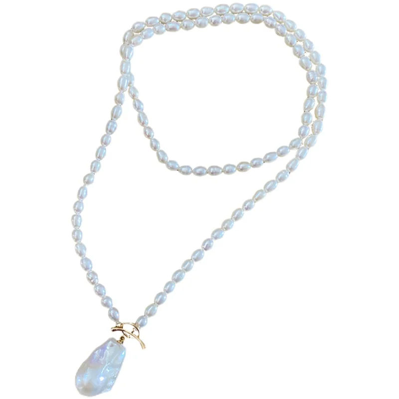 L. Рубиновая вода жемчужные рисовые бусины в стиле барокко длинное ожерелье с