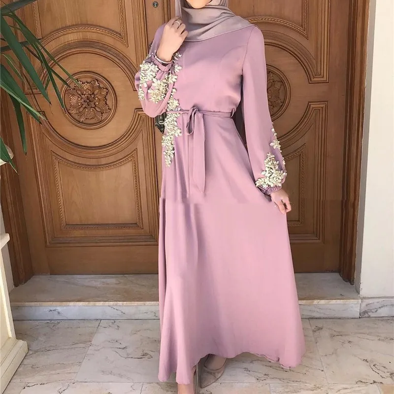 2023 Islamic Clothing Muslim Robe For Women Male Saudi Arab Dubai Bead Work Floral Solid Elegant Long Robe Abaya Cardigan Belt