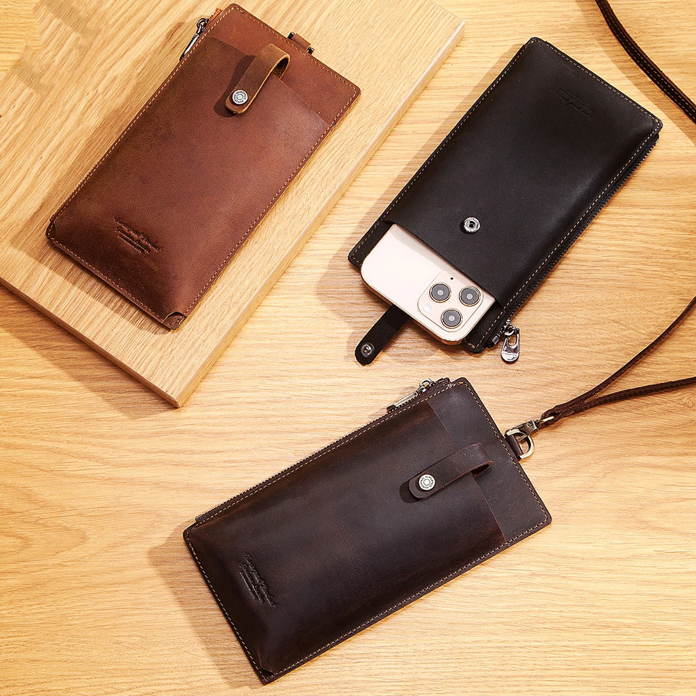 European And American Style Leather Mobile Phone Bag Crazy Horse Leather Zipper Buckle Casual Unisex Bag Leather Coin Purse