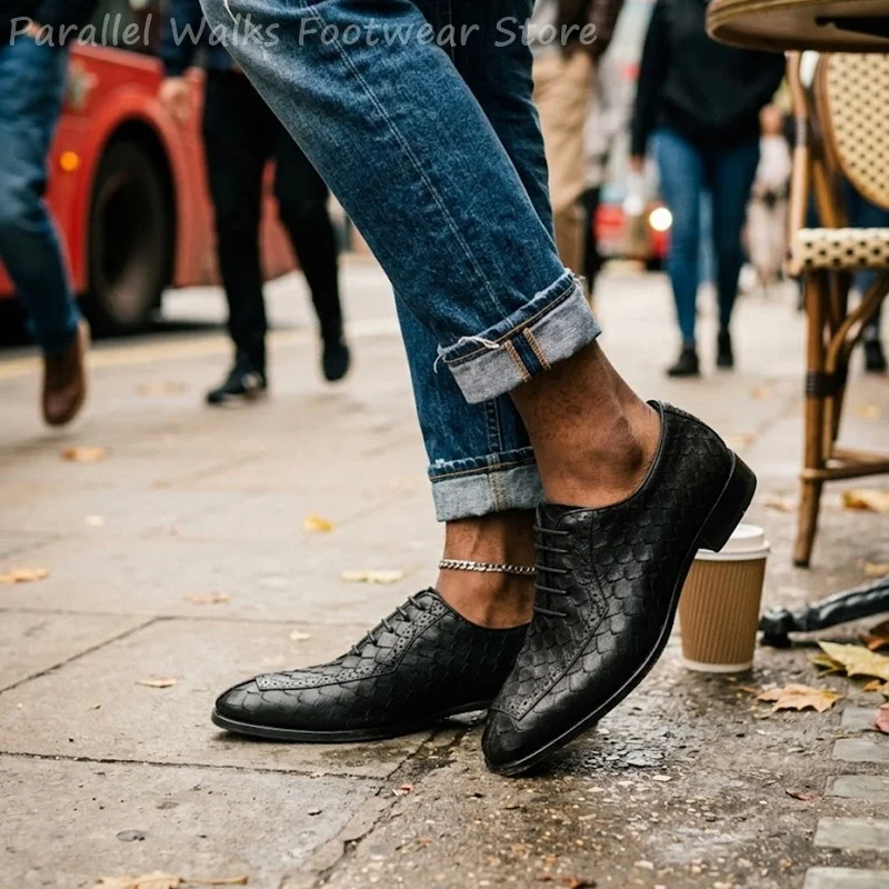 Мужские оксфорды Sartorial из кожи с тиснением под рыбью чешую, броги с острым носком, на шнуровке, для делового стиля, свадебные туфли, оксфорды (art.: 3920dc2d9530a) - 3920dc2d9530a