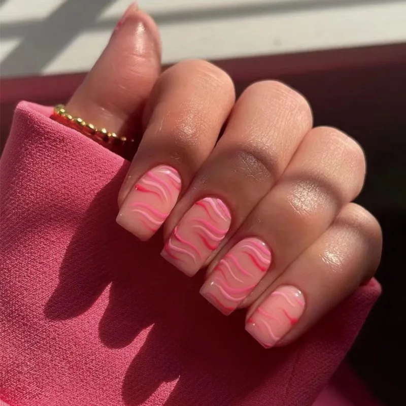 

24pcs Cute Pink and Red Wave Press On Nails Short Square Full Cover False Nail Patches Manicure Beauty Artificial Fingernail