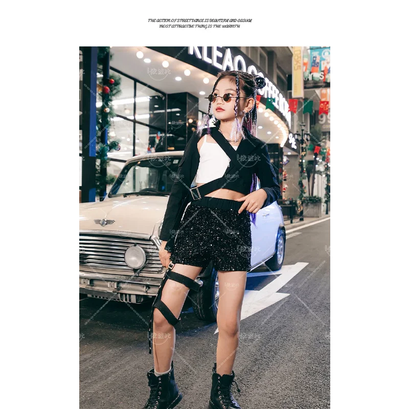 Новый танцевальный костюм для девушек черно-серебряные блестки модный джазовых