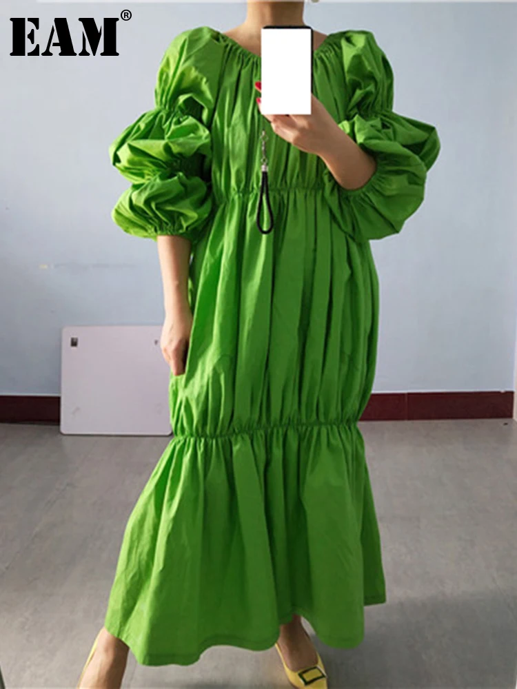 

[EAM] Women Green Pleated Split Joint Big Size Midi Dress New Slash Neck Puff Sleeve Loose Fit Fashion Spring Autumn 2022 1S577