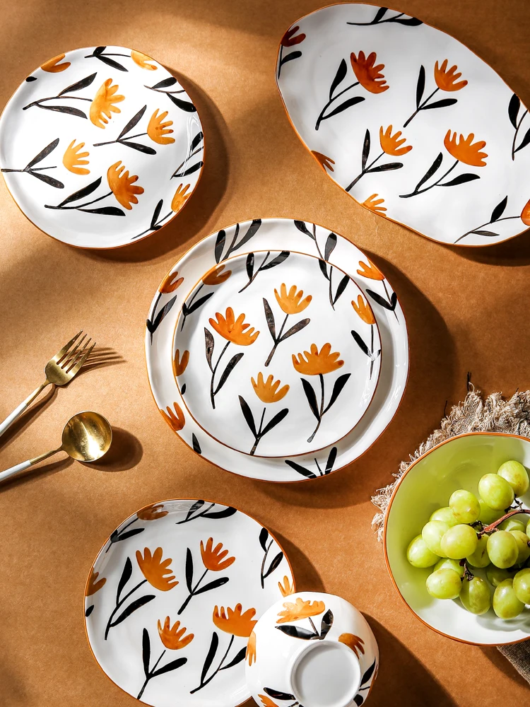 

Керамическая домашняя посуда, 12 дюймов, тарелки для рыбы, 5 дюймов, миски, популярная в японском стиле, фарфоровые блюда с цветочным принтом п...