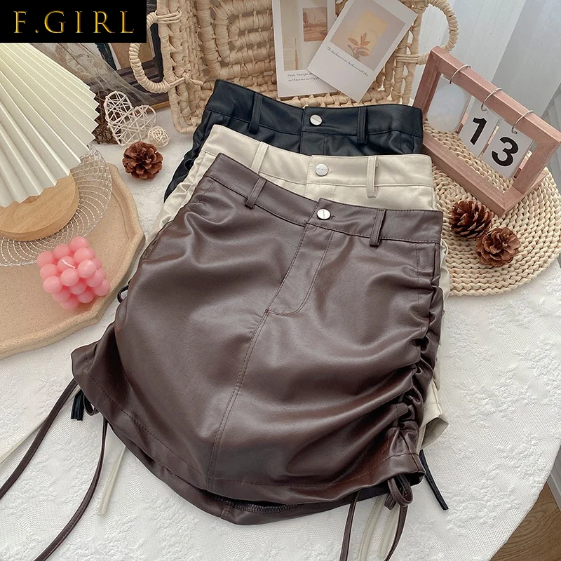 F GIRLS PU Leather Mini Skirts Solid Color Drawstring Lace Up Autumn New Korean Style All-match High Waist Skirt Faldas Mujer