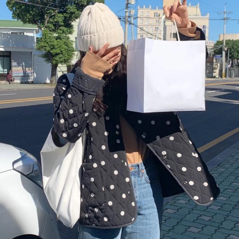 Clothland Women Elegant Polka Dot Padded Jacket Single Breasted Long Sleeve Coat Winter Casual Thick Jackets CA417