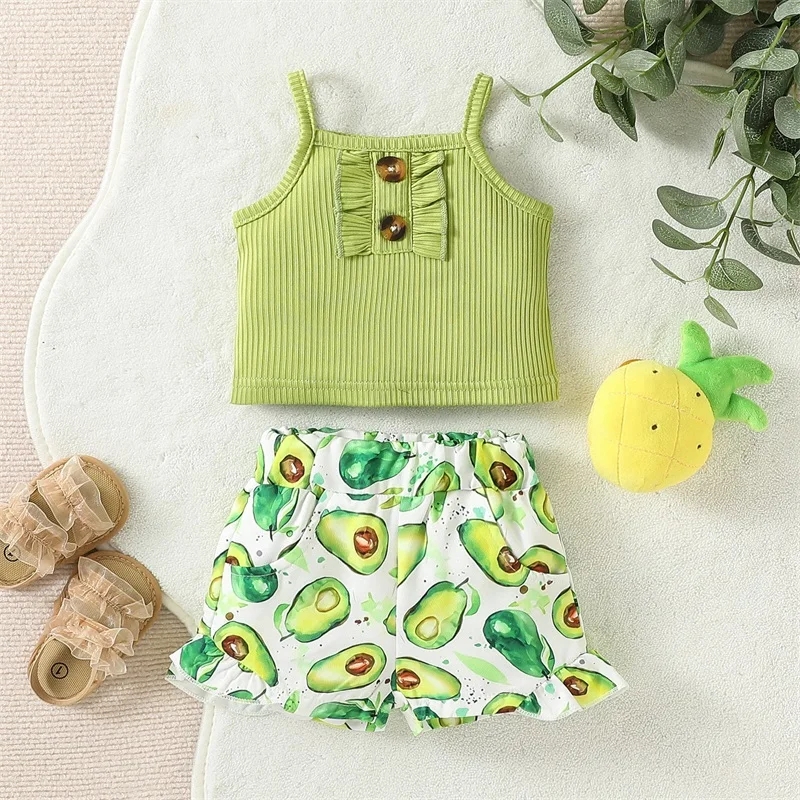 

Baby Clothing Summer Girls Shorts Set Spaghetti Straps Camisole with Elastic Waist Avocado Print Shorts Clothing