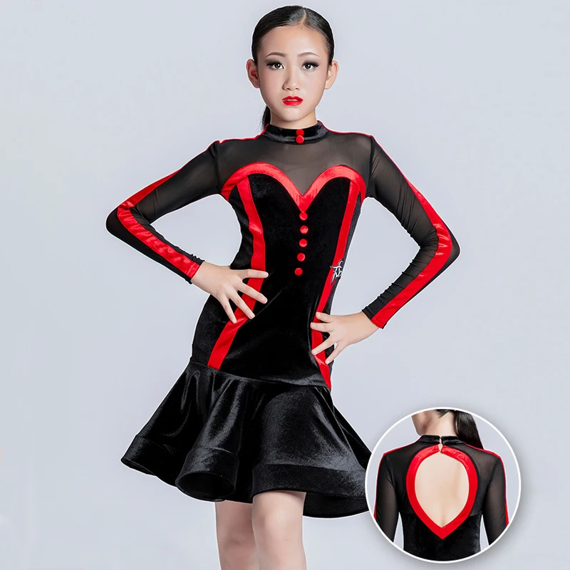 

Kids Performance Dancing Dresses For Girls Black Velvet Latin Dance Dress Ballroom Dance Competition Dress Practice Wear SL7513