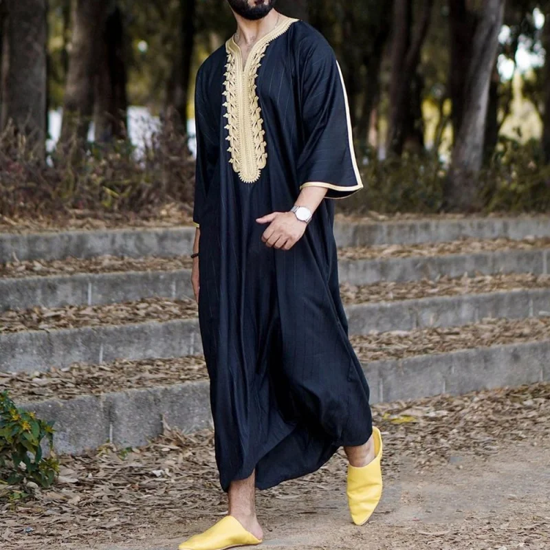 New Muslim Robe Ethnic Style Jumpsuit Loose CasualVCollar Half Sleeve Men's Clothing