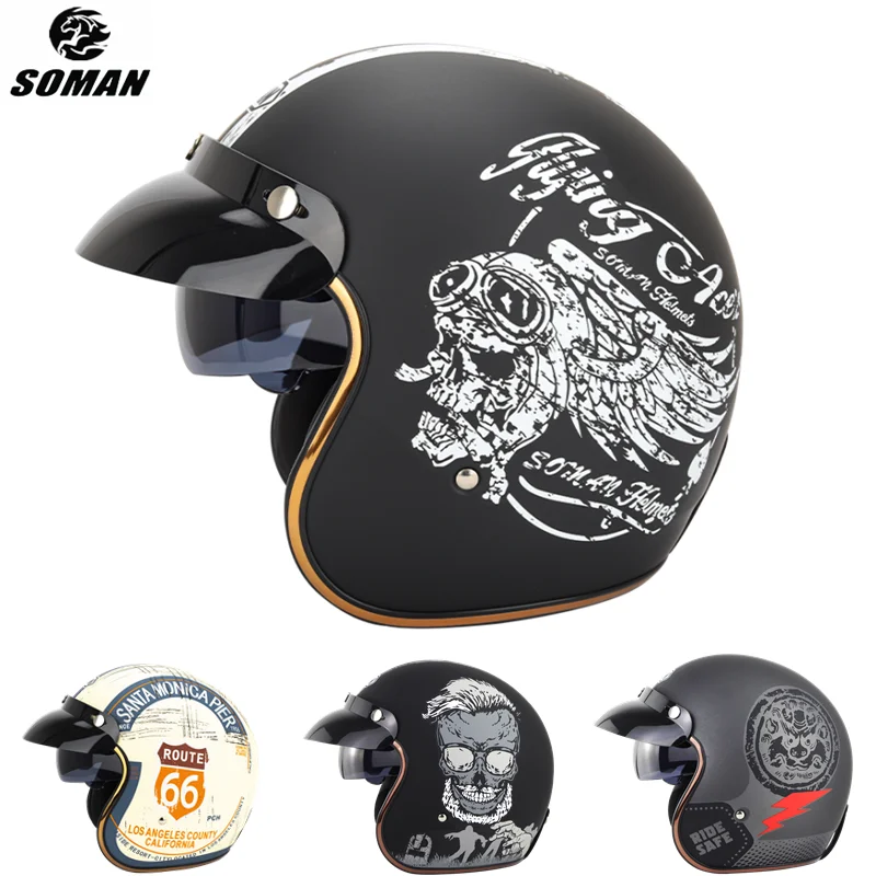 

Cafe Racer Motorcycle Helmet with Retro Goggle Chopper Helmet Casco De Moto Men 3/4 Face Vintage Safety DOT Approved Sun Visor