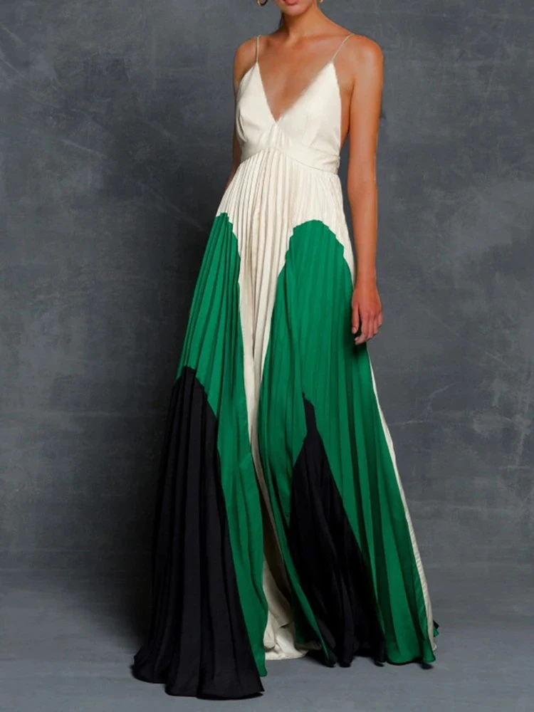 

Fashion Patchwork Pleated Sling Dress Women Sexy Deep V Neck Backless Party Dress Summer Casual Sleevelss Strap Bohe Party Dress