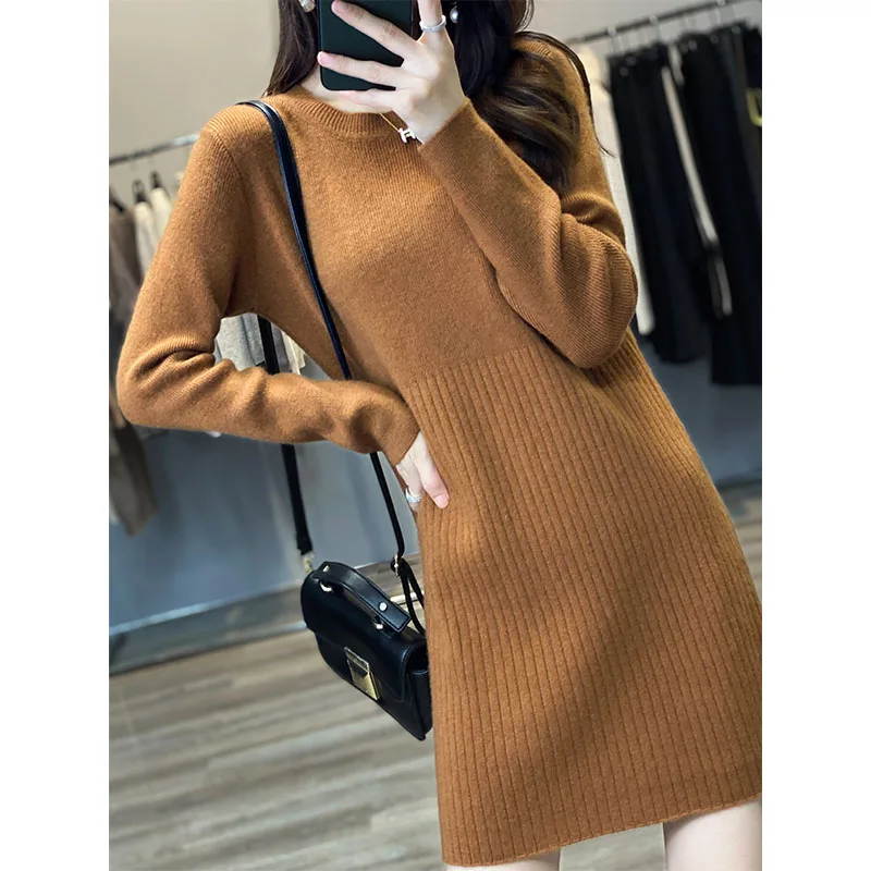 

Autumn Winter High Elasticity 100% Merino Wool Thicken Sweater Dress Warm Knit Pullovers Women Dress Female Long Sleeve Casual