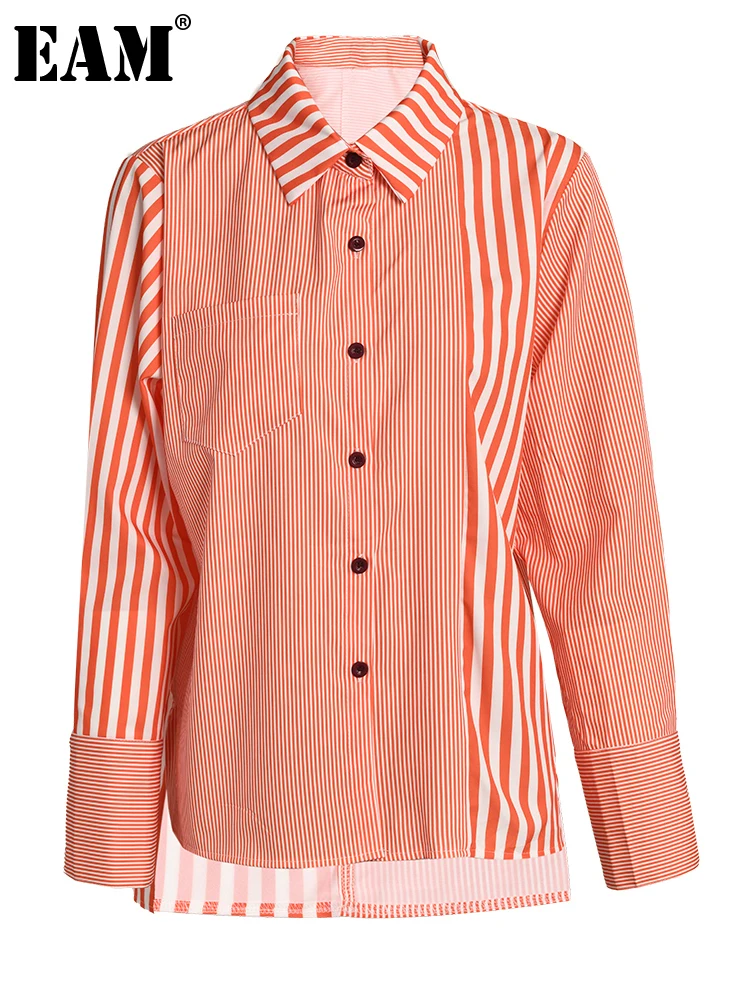 

[EAM] Women Red Striped Irregular Big Size Blouse New Lapel Long Sleeve Loose Fit Shirt Fashion Tide Spring Autumn 2023 CP1408