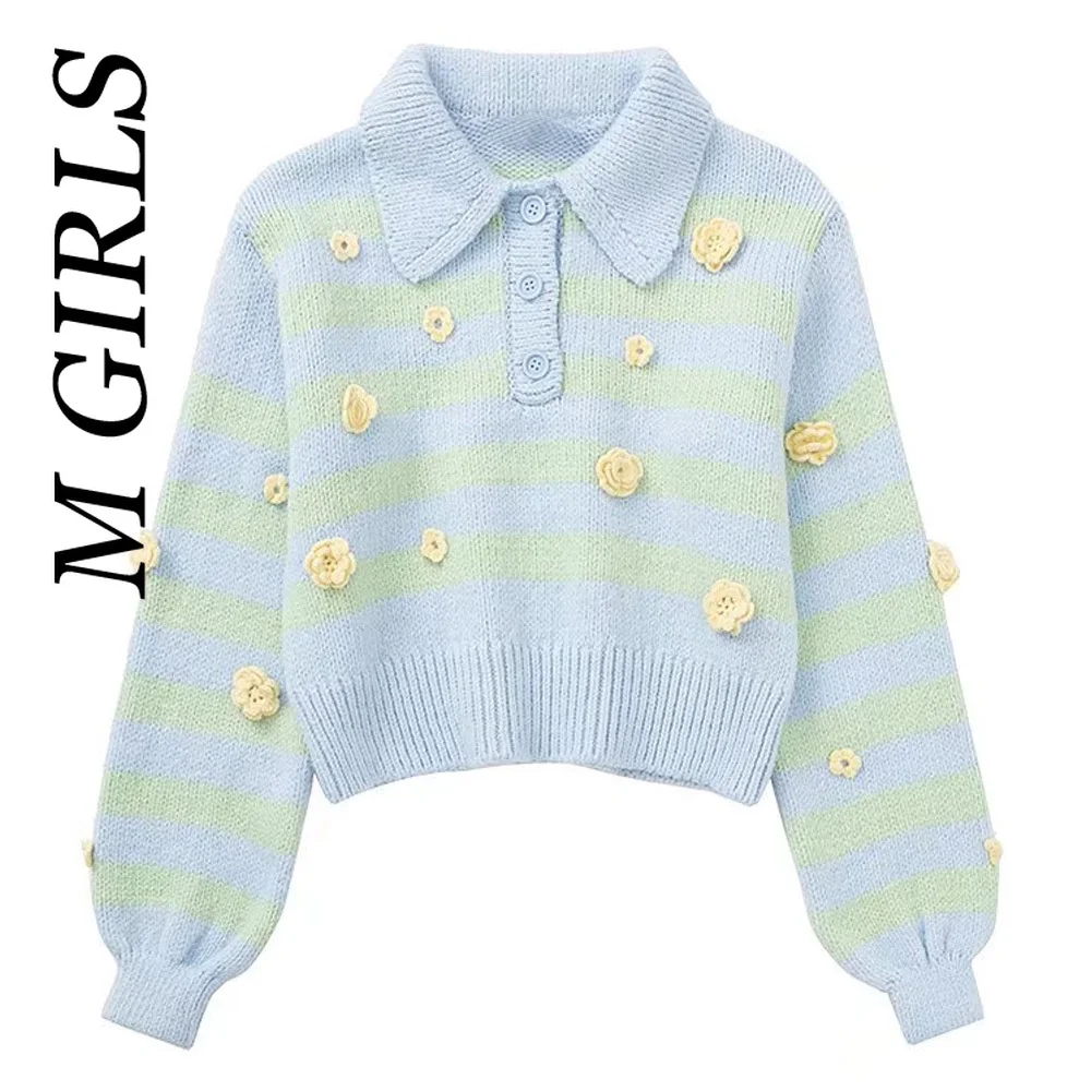 

M GIRLS Women Fashion Floral Embroidery Knit Sweater Vintage Polo Collar Long Sleeve Female Pullovers Chic Tops