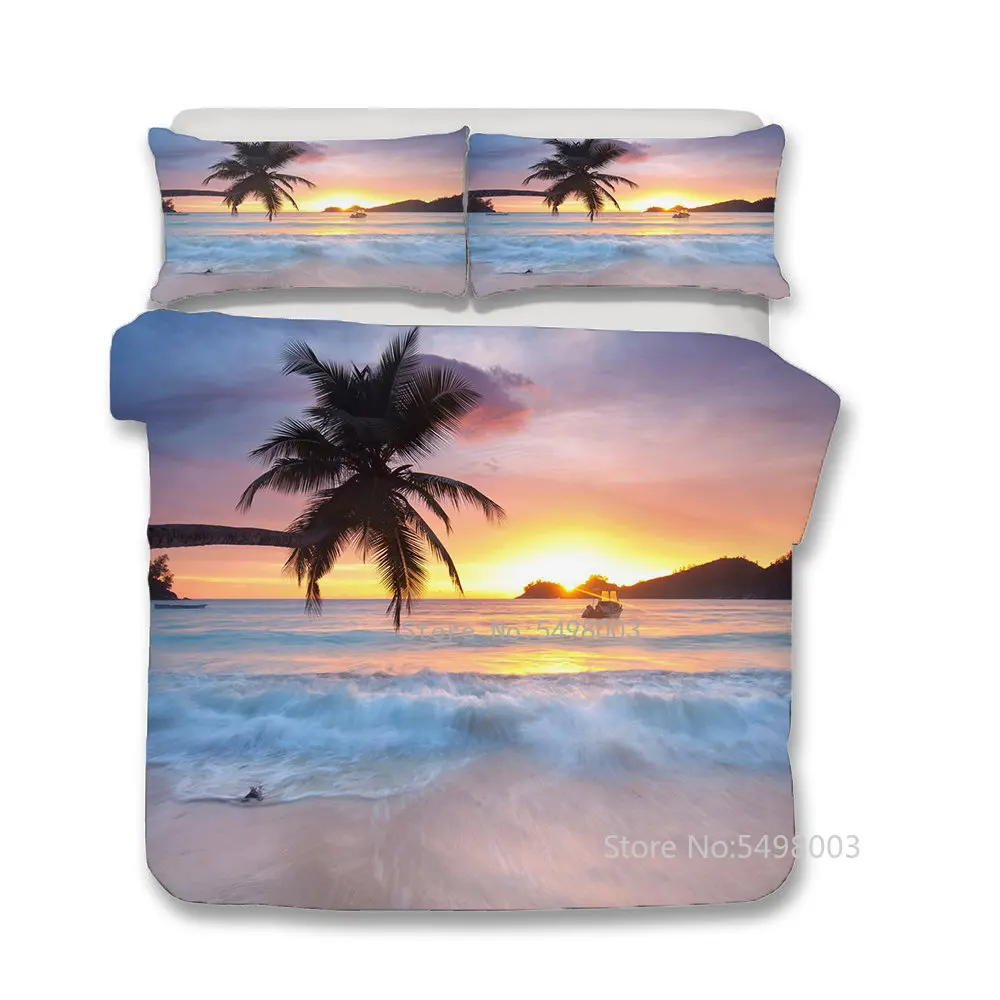 

Sunset Coconut Tree Beach Bedding Set Sea Waves Surf Duvet Cover Set Nordic Bed Set Twin Queen King Size Kid Girls Bedroom Decor