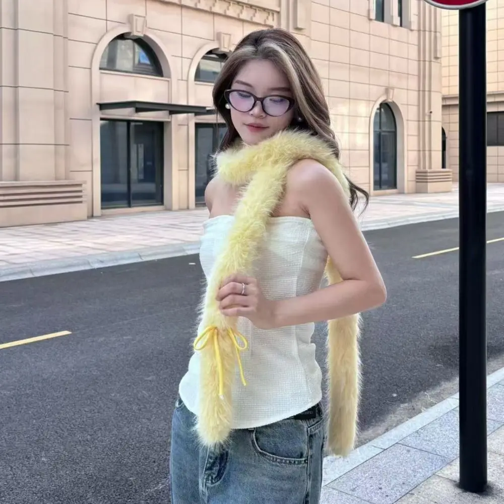 Элегантный однотонный шарф с бантом Y2k Harajuku пушистый меховой роскошный милый