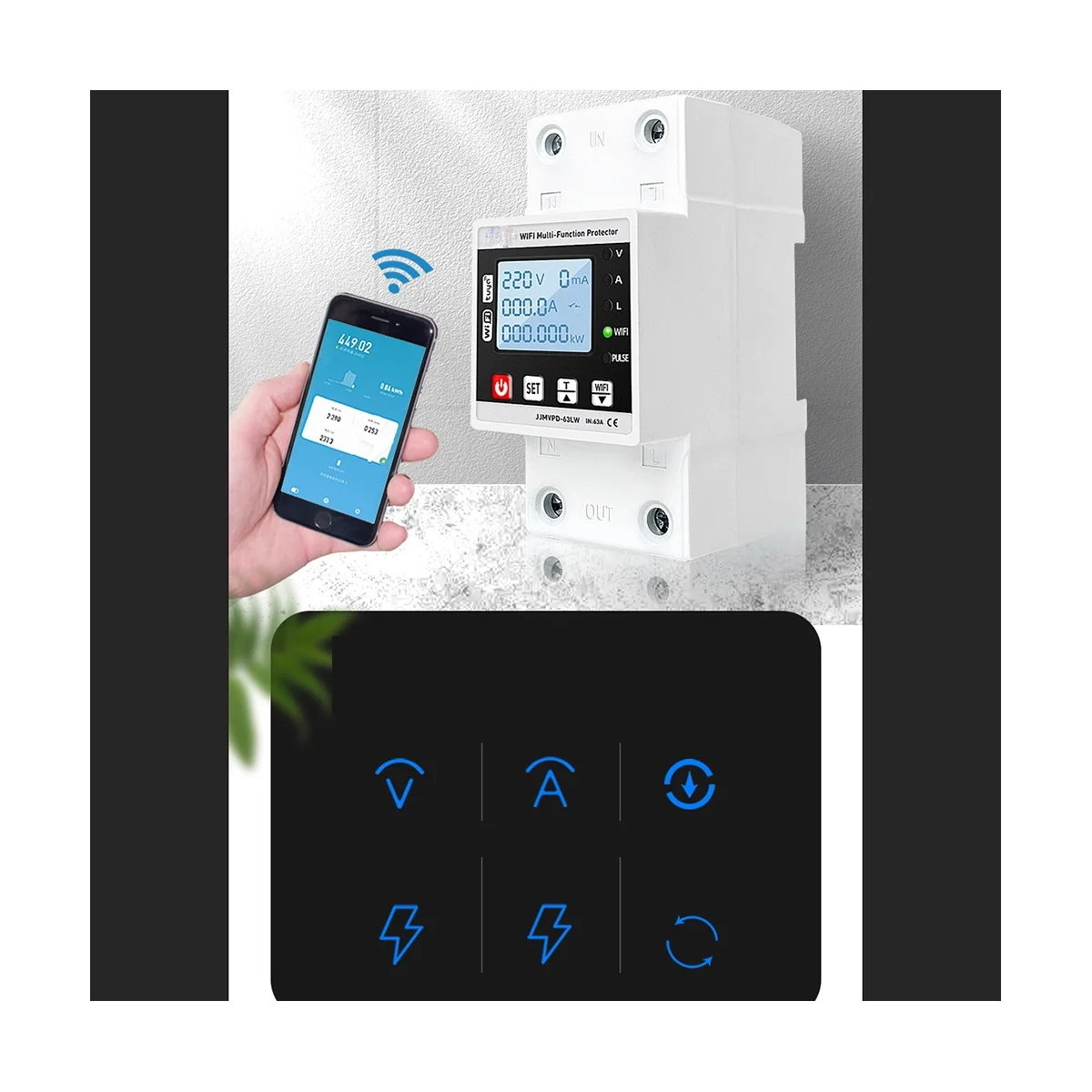 

63A TUYA WiFi Smart Earth Leakage Over Under Voltage Protector Relay Circuit Breaker Timer Energy Powers KWh Meter