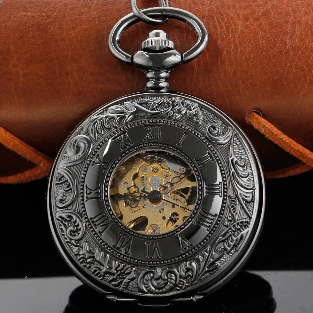 Double Sided Opening Black Steampunk Roman Mechanical Pocket Watch Retro Gentleman Analog Signal Clock Lady Jewelry Gift