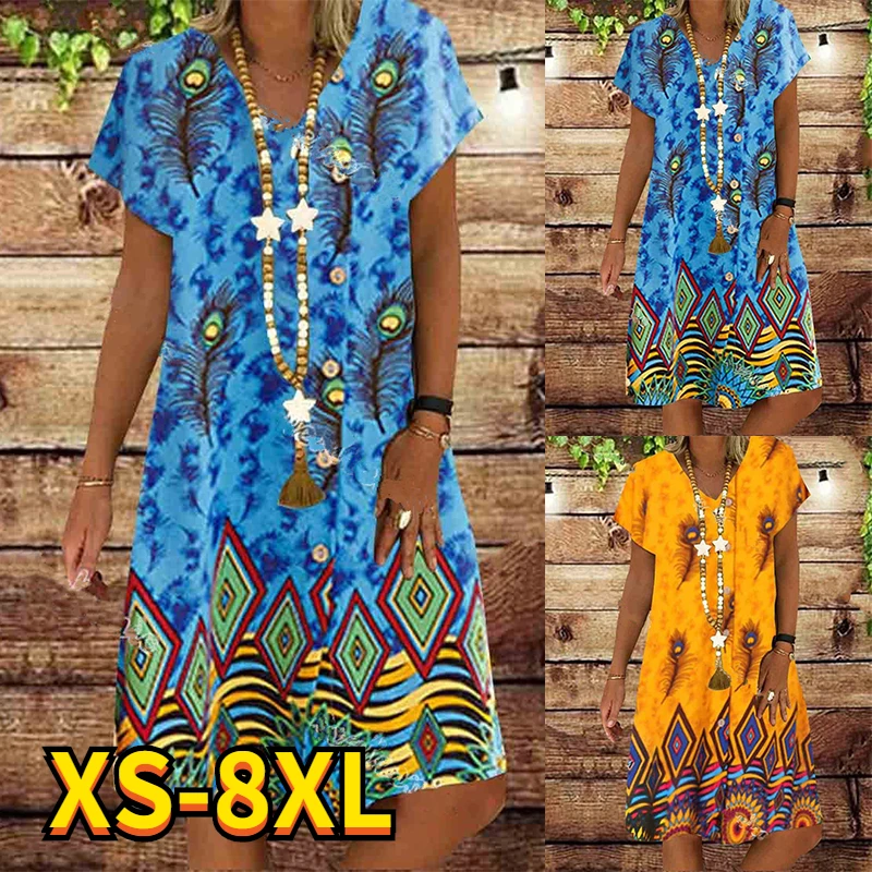 

2022 Summer Women's Abstract Printed Painting Dress V Neck Knee Length 3D Printed Dresses New Design Black Blue Tops 8XL