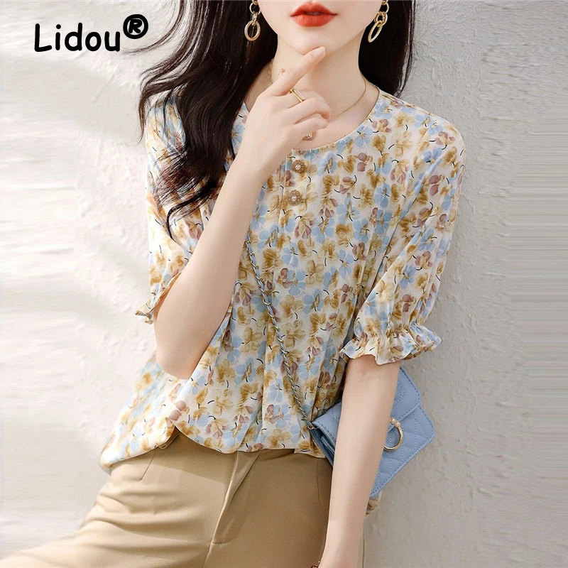 

Women Floral Print Ruffle Beaded Chic Elegant Blouses Summer Trendy Sweet Short Sleeve Shirts Casual Round Neck Tops Blusa Mujer