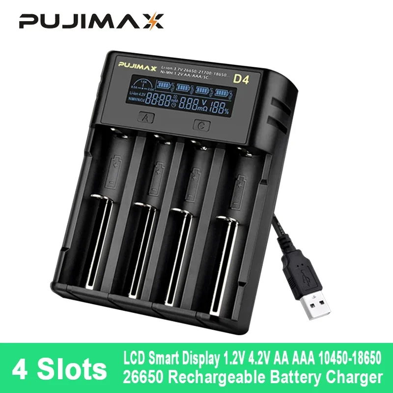 

18650 Li-ion Lithium Battery Charger Smart LCD Display USB 4 Slots 26650 21700 22650 18650 1.2V AA/AAA Rechargeable Batteries
