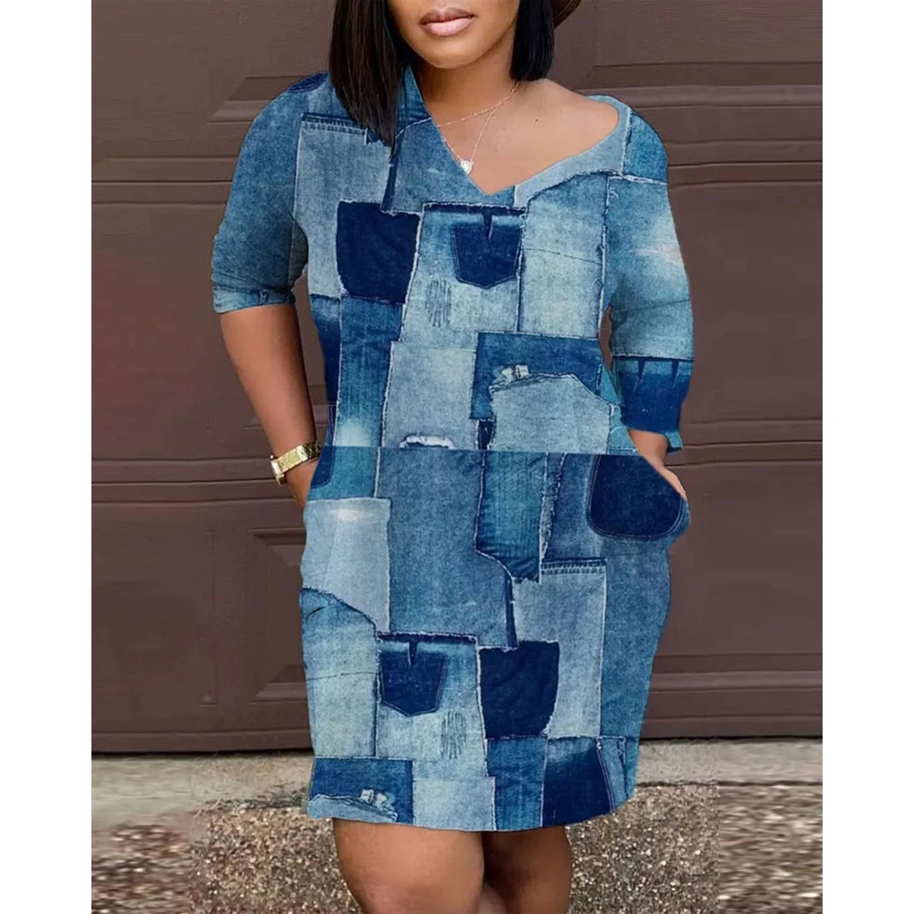 

V Collar Full Sleeve Tie Dye Print Dresses Sexy Club Birthday Dress Women Elegant Fashion Female Dress