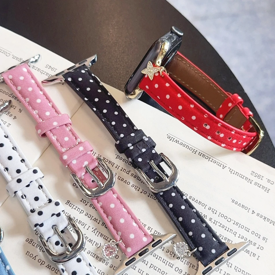 Фото Ремешок из искусственной кожи в горошек для Apple Watch Series 11, 10, 9, 8, 7, 6, 5 SE UItra iWatch 49/46/45/44/42/41/40/38 мм, тонкий ремешок-браслет №5