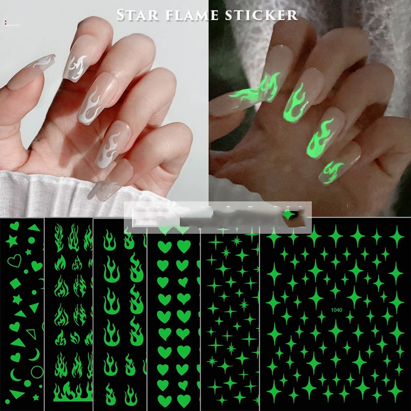 

3D design nail glow stickers, Flame stickers, stars, moon, flash, glow in the dark design, nail decoration