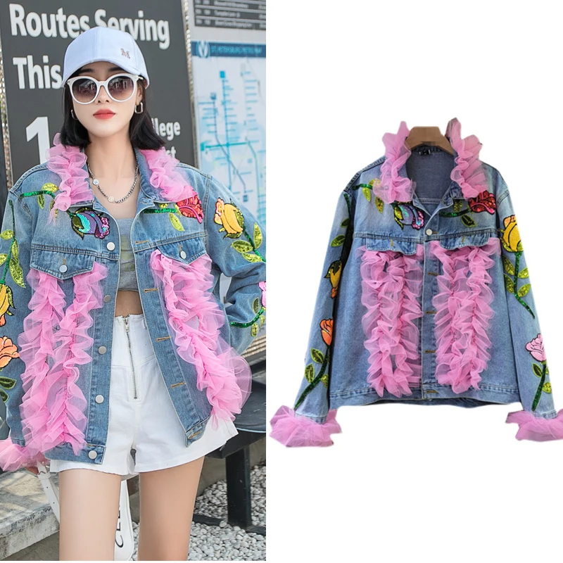 Ladies Fashion Bomb Street Jacket For Women Ins Denim Outerwear Ruffled Mesh Splicing Sequins Embroidery Loose Jeans Coat