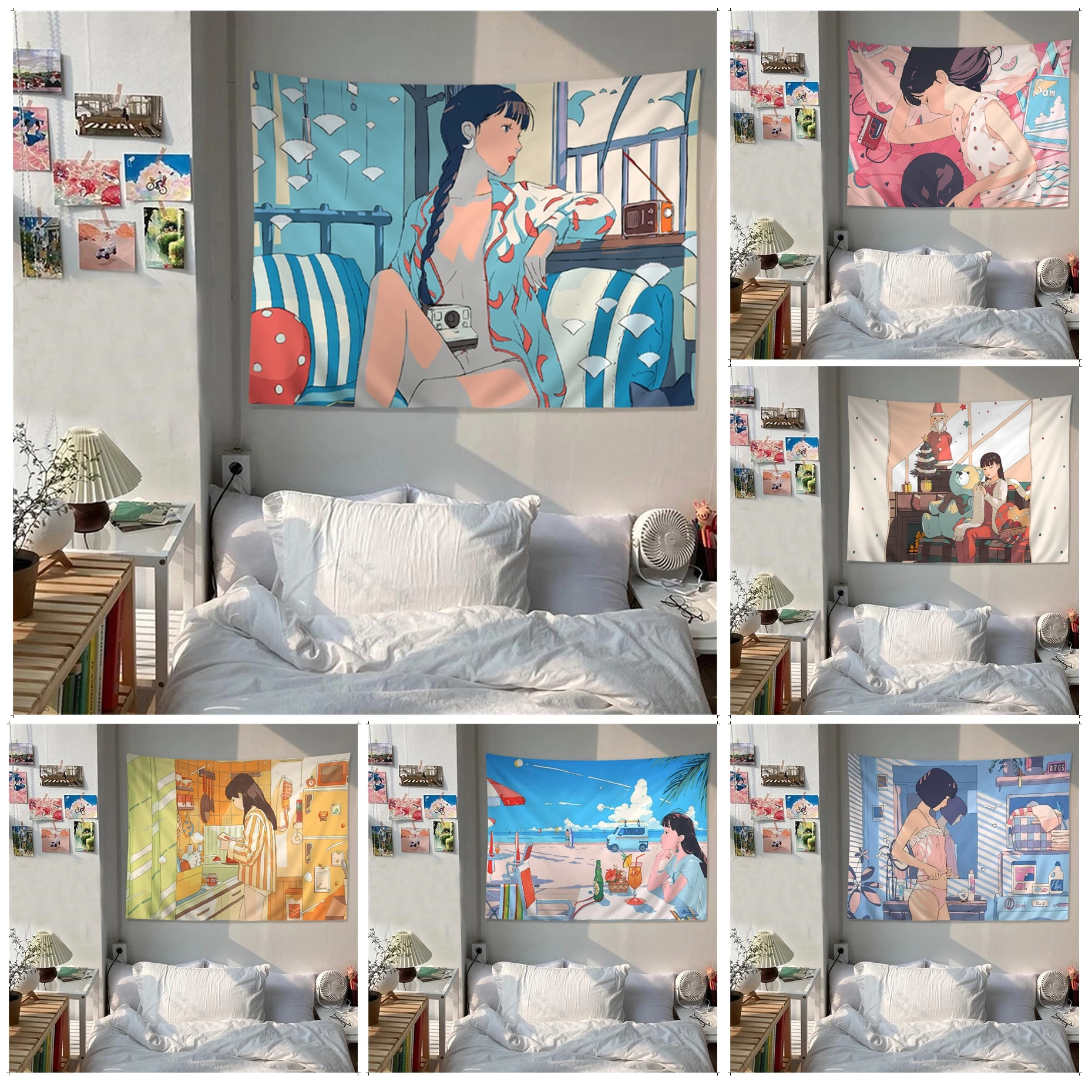 

Hanging Decor Girl Cartoon Tapestry Hanging Tarot Hippie Wall Rugs Dorm Wall Hanging Home Decor