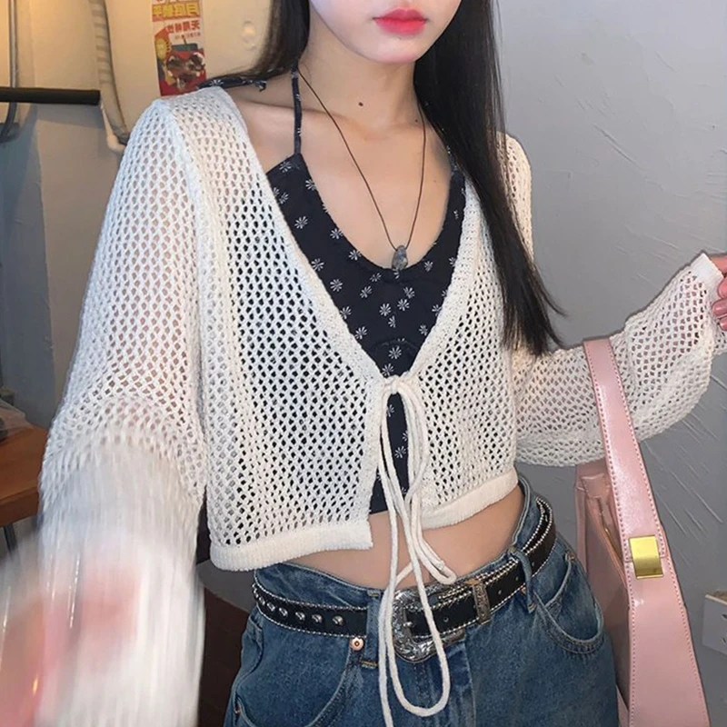 Women V-Neck Lace-Up Front Long Sleeve Cardigan Crop Top Hollow Out See Through Fishnet Mesh Shirts Thin Cover Up Jacket