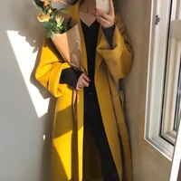 jacket elegant winter lapel wool women long woolen coat cardigan warm loose bandage plus size outwear with pocket black yellow