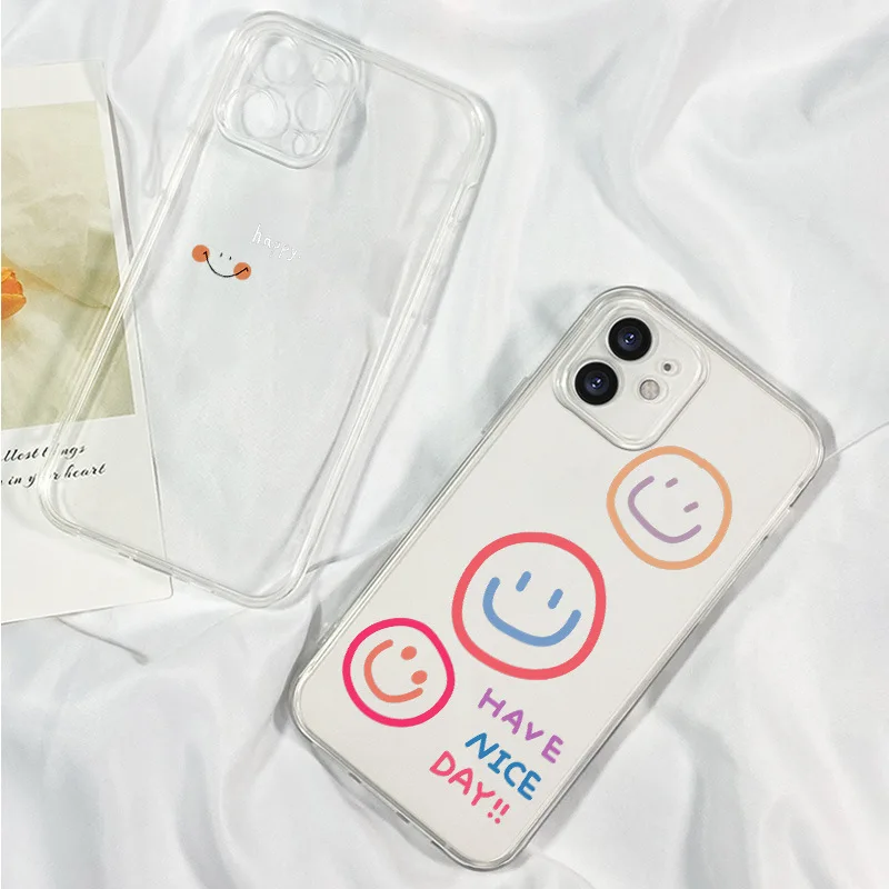 

For iPhone 14Promax 2023 New Ins Net Red Lucky Smiling Face Cartoon Painting Transparent Phone Soft Case 14Pro 13Promax 12Mini