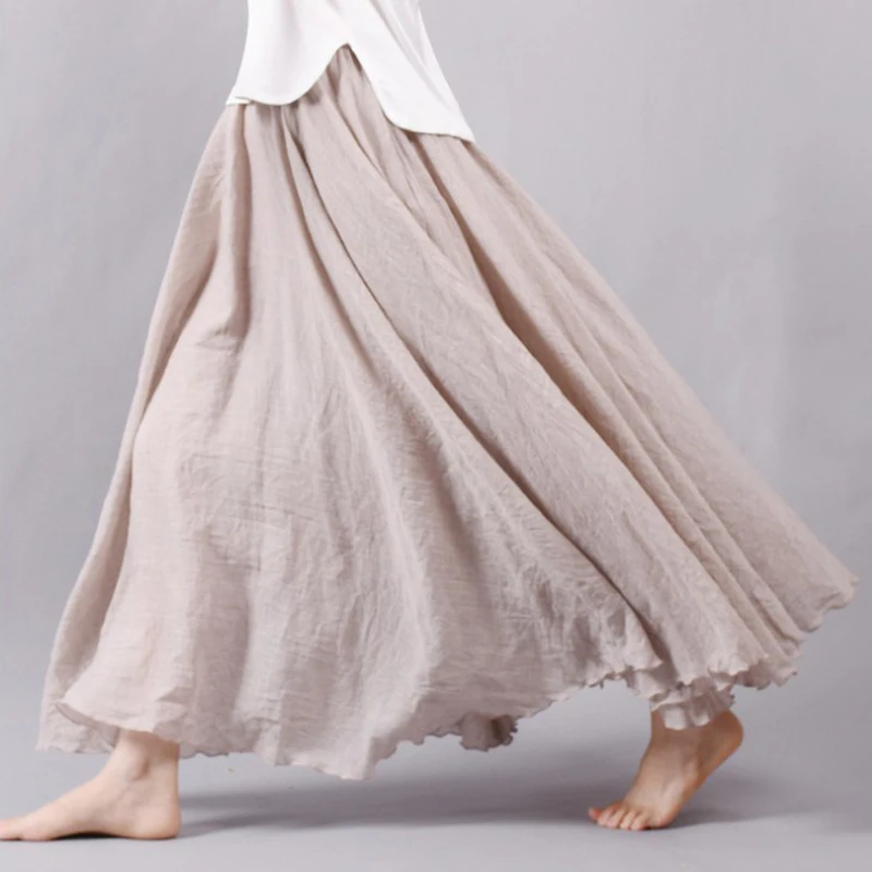 

2022 Women Linen Cotton Long Skirts Elegant Elastic Waist Pleated Maxi Skirts Boho Vintage Beach Summer Skirts Faldas Saia