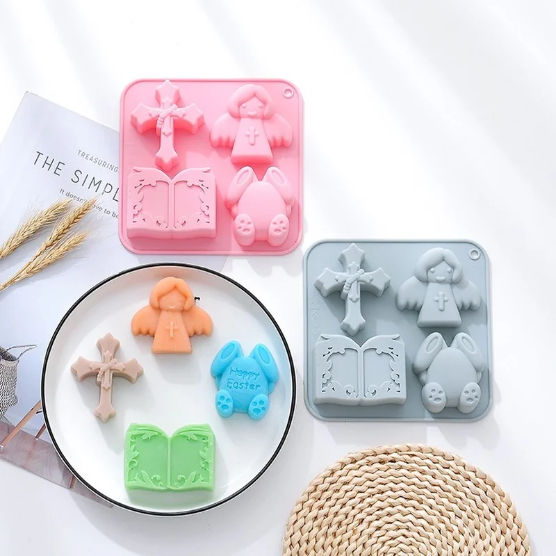 

Easter Silicone Mold 4 Holes Cross Angel Bible Bunny Pattern Holiday Cake Decoration Tool Baking Mold Resin Clay DIY Accessories