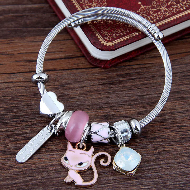 

New Fashion DIY Multi-element Love Cartoon Cat Pendant Bracelet Student Titanium Steel Stainless Steel Adjustable Bracelet